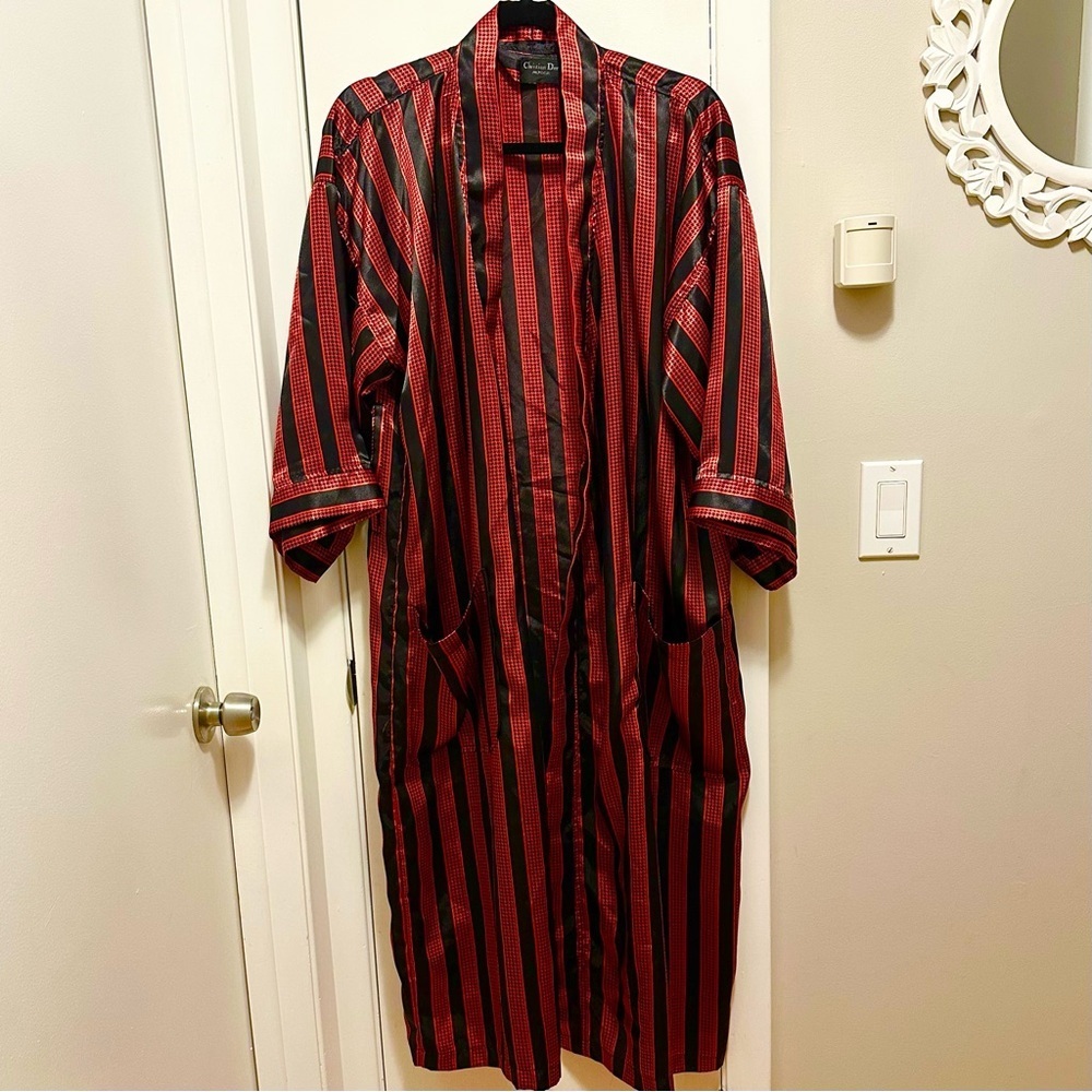 CHRISTIAN DIOR MONSIEUR Bath Dressing Robe Red Black Stripe Men OS Pockets Satin